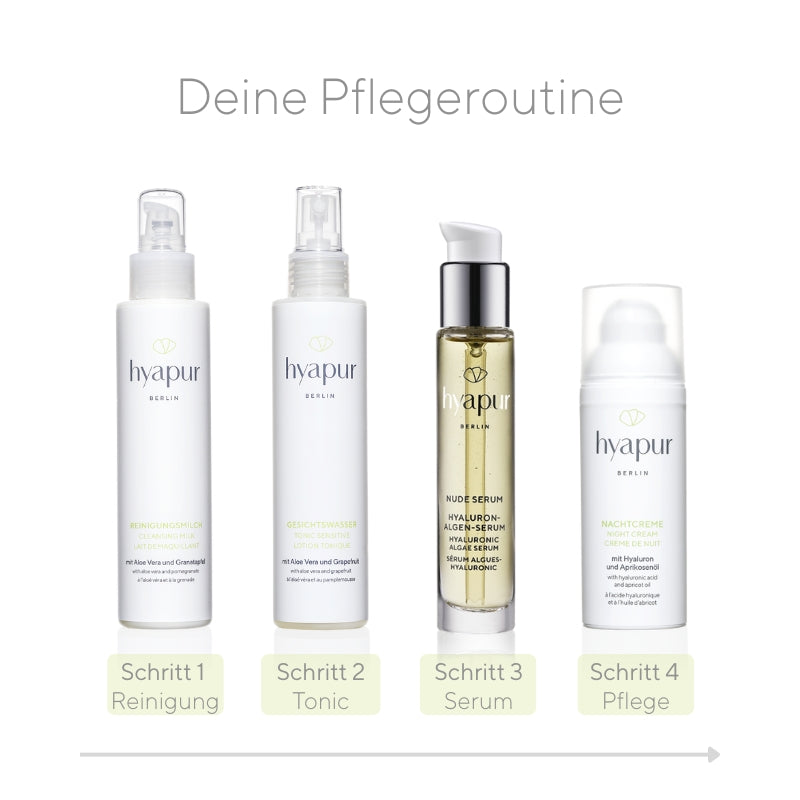 Deine tägliche Pflegeroutine kann z.B. so aussehen: Im 1. Schritt reinigst du deine Haut, im 2. trägst du Gesichtswasser auf und entfernst Seifenreste sanft mit einem Wattepad. Danach befeuchtest du deine Haut nochmals leicht mit Wasser oder Gesichtswasser, trägst dein Hyaluron-Serum auf, lässt es vollständig einziehen und schließt es mit einer Nachtpflege ein.