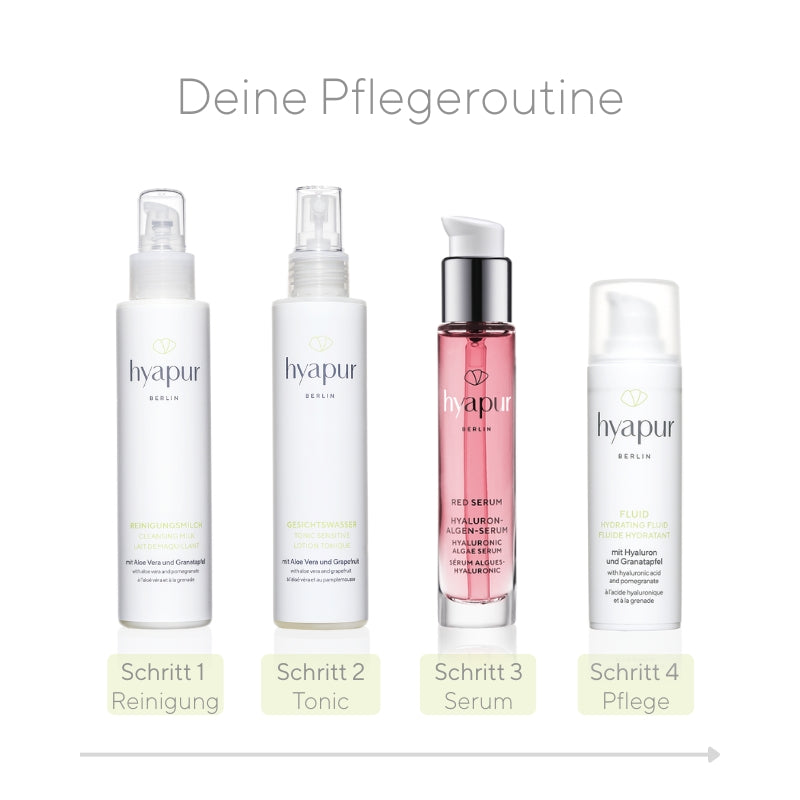 Deine tägliche Pflegeroutine kann z.B. so aussehen: Im 1. Schritt reinigst du deine Haut, im 2. trägst du Gesichtswasser auf und entfernst Seifenreste sanft mit einem Wattepad. Danach befeuchtest du deine Haut nochmals leicht mit Wasser oder Gesichtswasser, trägst dein Hyaluron-Serum auf, lässt es vollständig einziehen und schließt es mit einer Tages- oder Nachtpflege ein.