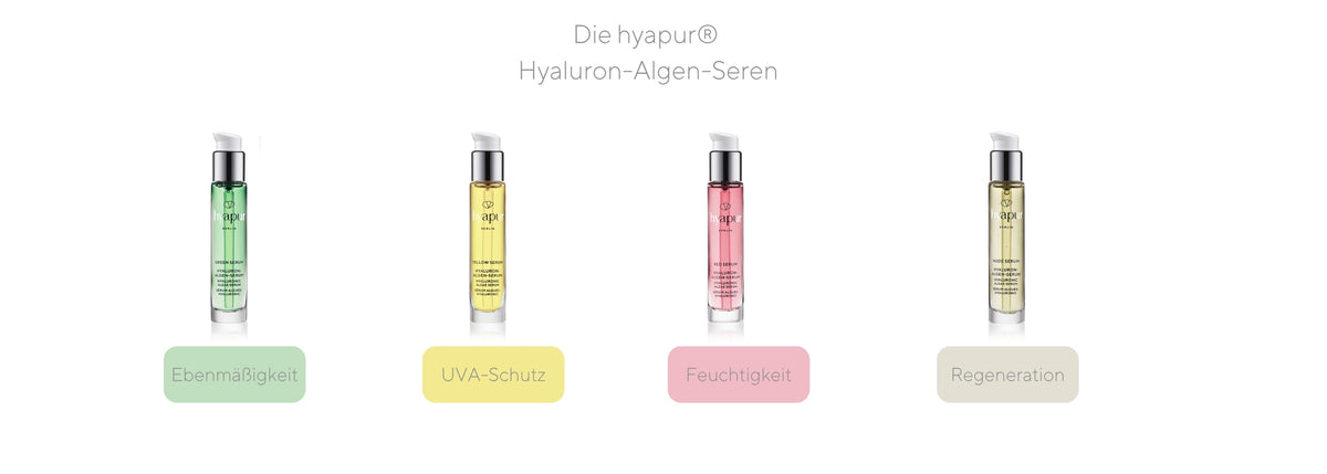 Die hyapur® Berlin Hyaluron-Algen-Seren im Vergleich, Green Serum für Ebenmäßigkeit, Yellow Serum für UVA-Schutz, Red Serum für Feuchtigkeit, Nude Serum für Regeneration.