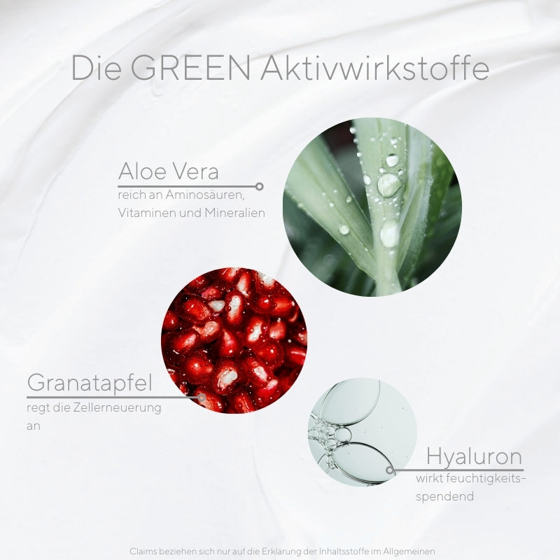 Je nach Produkt enthält die hyapur® GREEN Serie einen oder eine Kombination aus den Wirkstoffen Hyaluron, Aloe Vera und Granatapfel.
