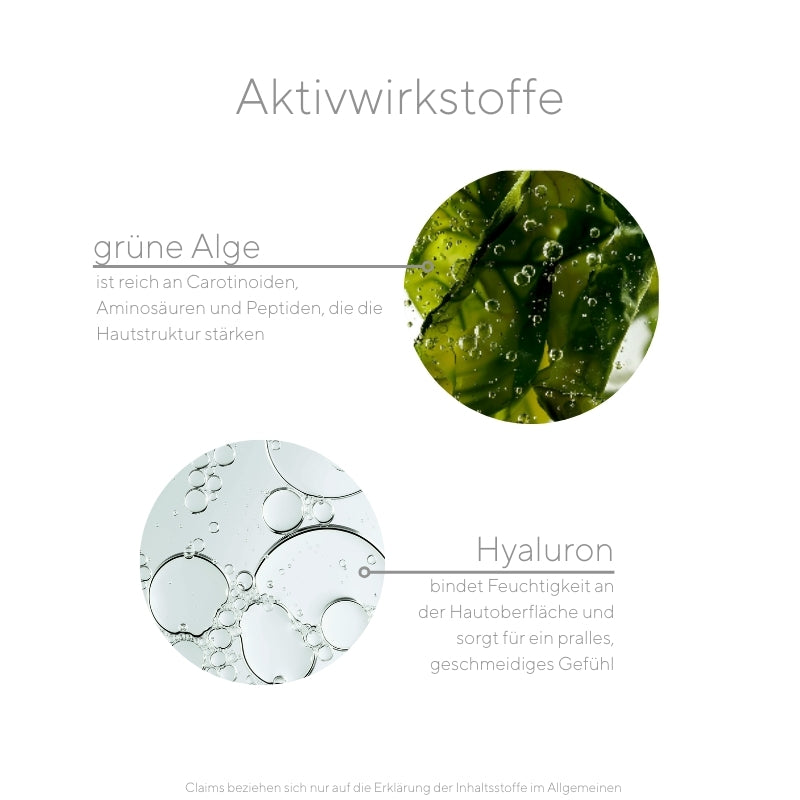 Wirkstoffe im Green Serum sind grüne Alge, die reich an Carotinoiden, Aminosäuren und Peptiden ist, und hochmolekulares Hyaluron. 