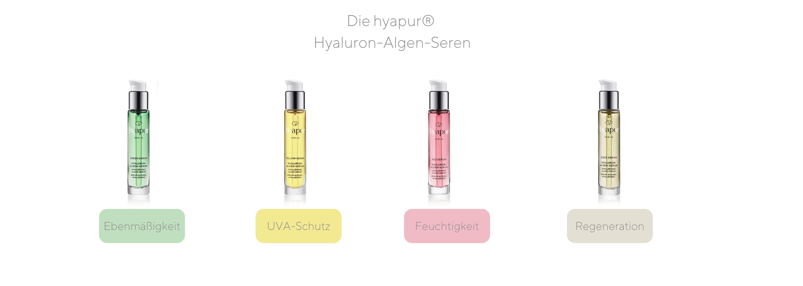 Die hyapur® Berlin Hyaluron-Algen-Seren im Vergleich, Green Serum für Ebenmäßigkeit, Yellow Serum für UVA-Schutz, Red Serum für Feuchtigkeit, Nude Serum für Regeneration.