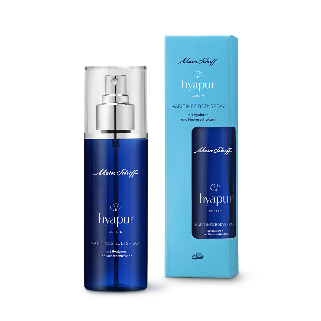 Exklusives Body Spray aus der Kooperation von hyapur® Berlin und der Mein Schiff-Flotte. Mit elegant-erfrischendem Duft und in der ressourcensparenden Kartonage.