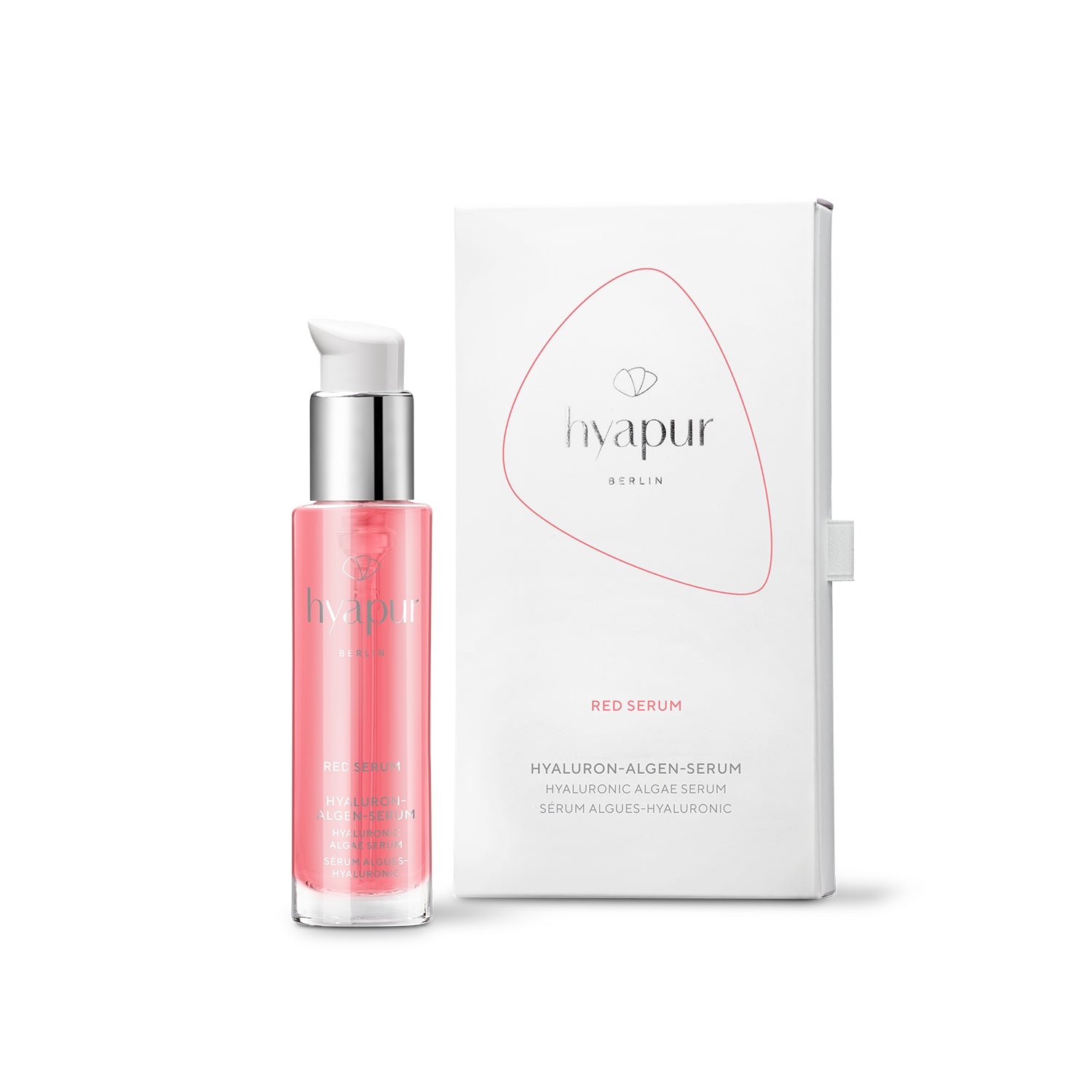 Das hyapur® Red Serum für intensive Feuchtigkeit aus der Hyaluron-Algen-Serie im 50ml Glasflakon mit Schachtel. 